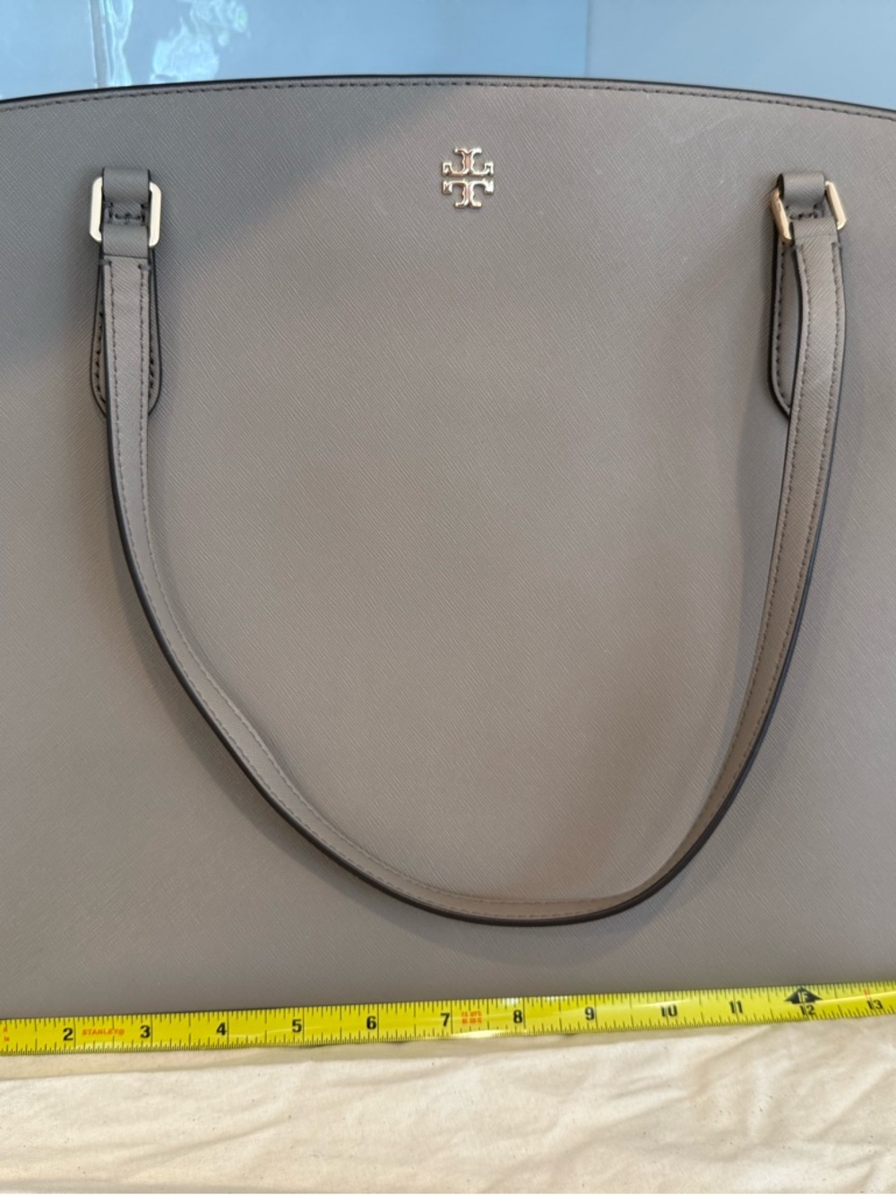 Tory Burch Taupe Saffiano Leather Tote with Logo